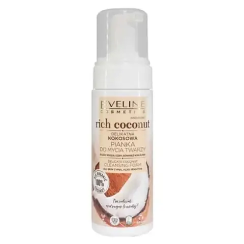 Eveline Rich Coconut Delicate Cleansing Foam, 150ml pump bottle, white with blue label and coconut graphic.
