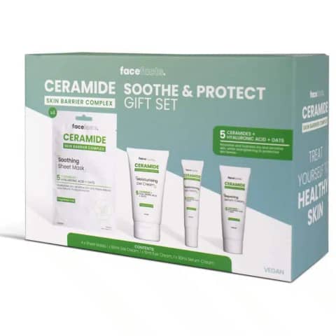 Face Facts Ceramide Soothe & Protect 4-piece skincare set with white and blue packaging.