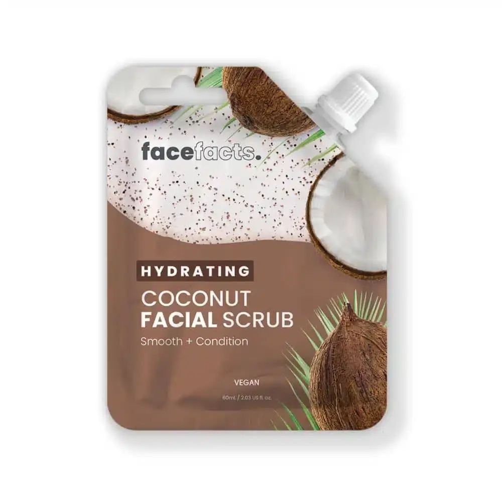Face Facts Coconut Facial Scrub 60ML white tube, front view, with tropical blue/green coconut packaging. - thumbnail