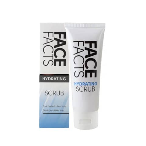 Full view of Face Facts Hydrating Facial Scrub 75ml, white tube with light blue cap.
