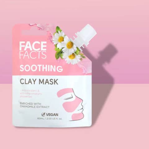 Face Facts Soothing Chamomile Whipped Kaolin Clay Mask 60ml, white jar, black lid.