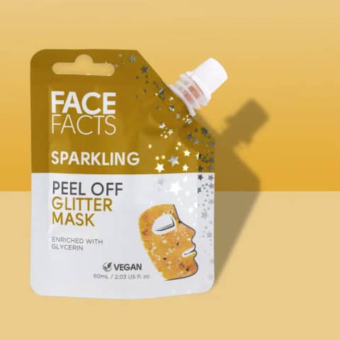 Face Facts Sparkling Gold Peel-off Glitter Face Mask tube, showing a shimmering gold product swatch.