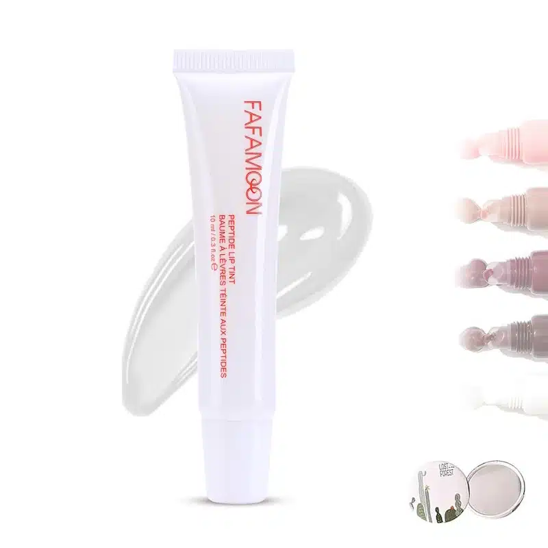 Upright Fafamoon Peptide Lip Tint White 05 in a transparent tube with white cap, showcasing the light peach shade. - thumbnail