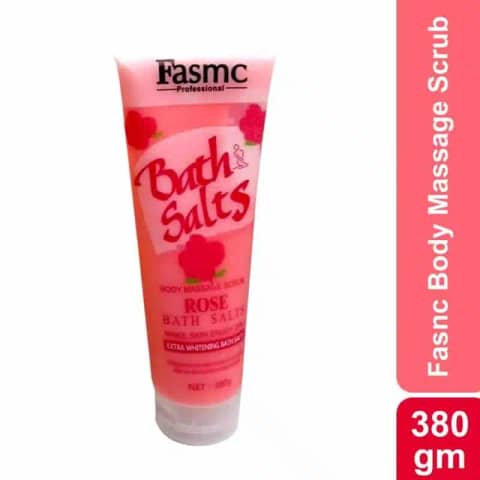 Skb Fasmc Rose bath salts in a clear jar with pink label and visible rose petals.