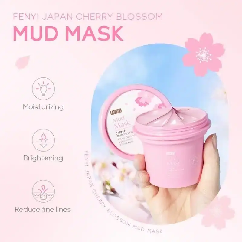 Fenyi Cherry Blossom Mud Mask open jar, revealing pink creamy texture inside with a spatula. - thumbnail