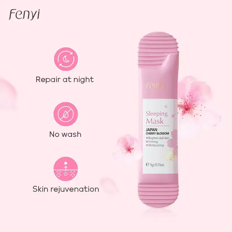 Fenyi Cherry Blossom Sleeping Mask 3gm sachet, clear front view with delicate pink floral artwork. - thumbnail
