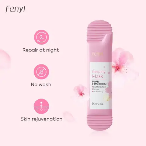 Fenyi Cherry Blossom Sleeping Mask 3gm sachet, clear front view with delicate pink floral artwork.