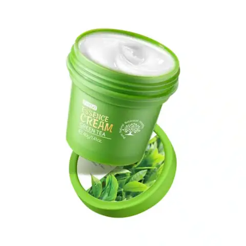 Fenyi Green Tea Essence Cream 40g jar, vibrant green packaging with gold details, displayed upright.