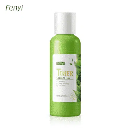 Fenyi Green Tea Face Toner 100ml bottle, clear green packaging, standing upright on white background. - thumbnail
