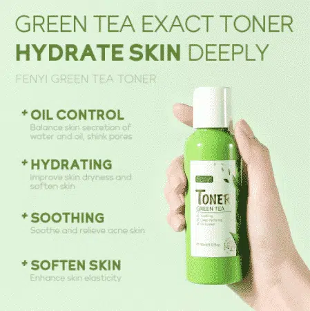 Two Fenyi Green Tea Face Toner 100ml bottles, one standing, one lying, showing clear green liquid. - thumbnail