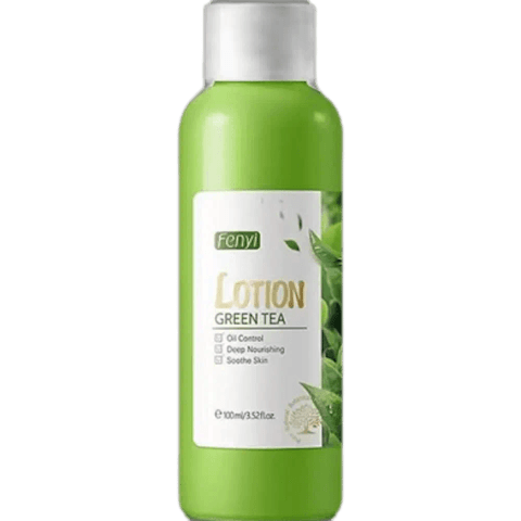 Fenyi Green Tea Oil Control Lotion, 100ml matte green bottle with white pump dispenser, front view.