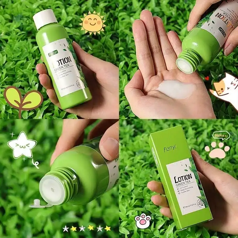 Hand applies Fenyi Green Tea Lotion, showing smooth white texture, bottle and tea leaves nearby. - thumbnail