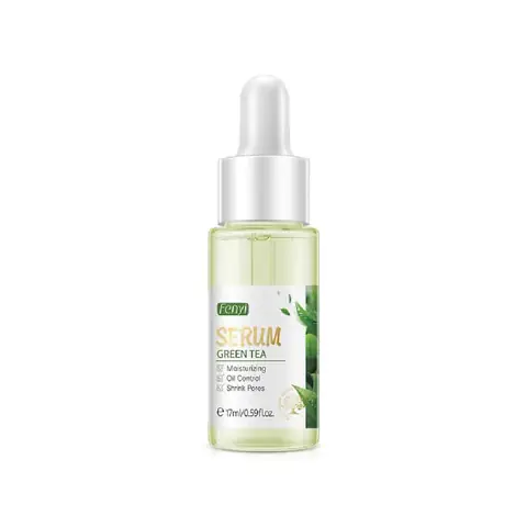 Fenyi Green Tea Serum 17ml bottle with clear glass and green liquid, beside a fresh green tea leaf.