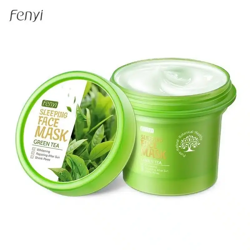 Fenyi Green Tea Sleeping Facial Mask 100gm jar, green with white lid, standing upright. - thumbnail