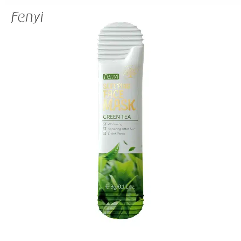Fenyi Green Tea Sleeping Mask 3gm sachet held, showing front green packaging with tea leaf design. - thumbnail