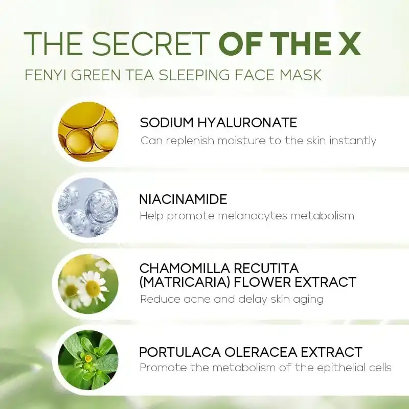 Multiple Fenyi Green Tea Sleeping Mask 3gm sachets displayed, showcasing their vibrant green retail packaging. - thumbnail
