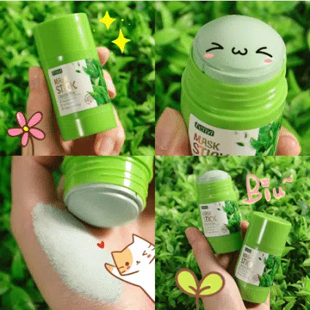 Angled view of Fenyi Green Tea Stick Mask with cap off, revealing the solid green cleansing stick. - thumbnail
