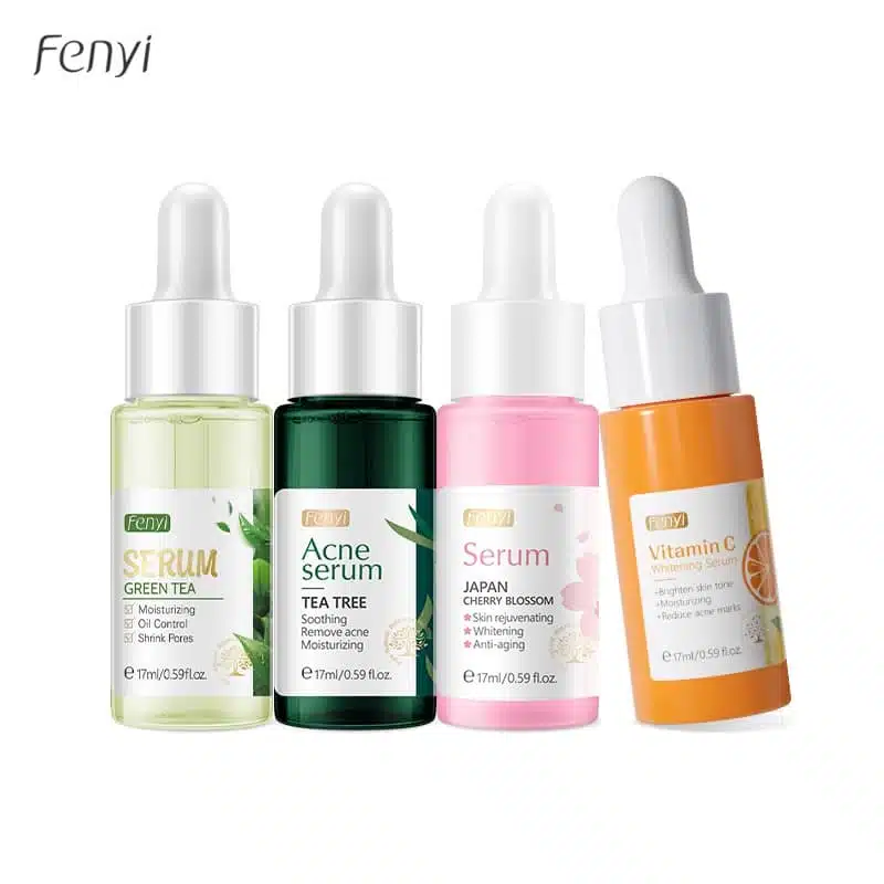 Fenyi multi-pack serum bottles: Green Tea, Tea Tree, Cherry Blossom, Vitamin C, standing upright. - thumbnail