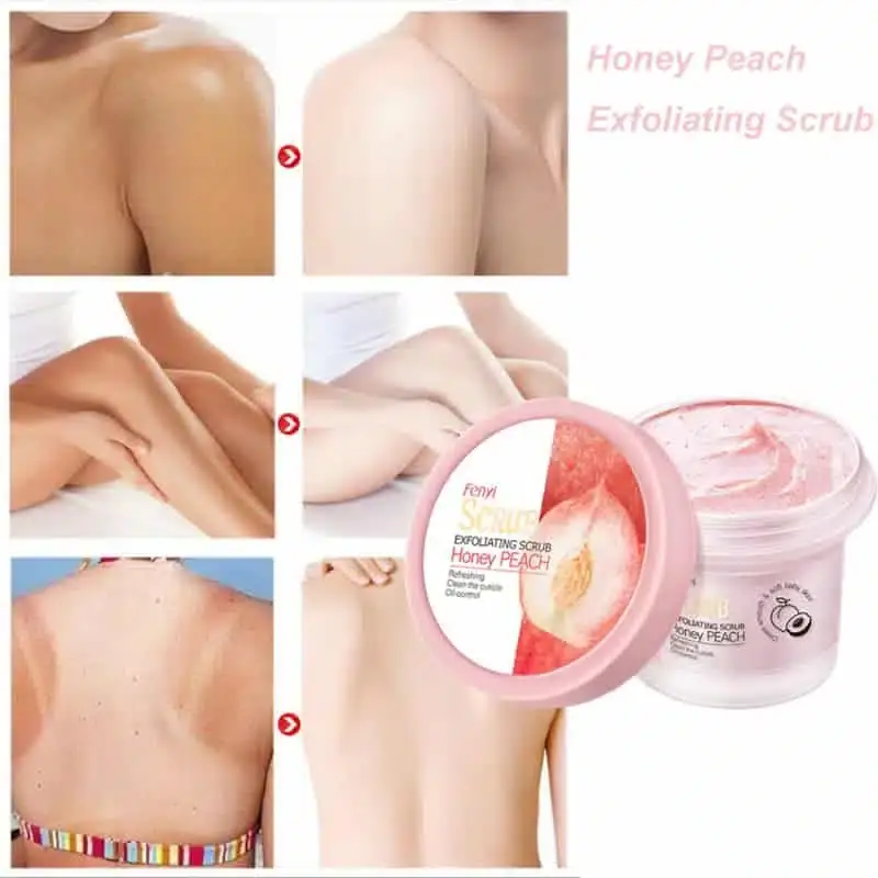 Close-up of Fenyi Honey Peach Body Scrub's light pink exfoliating texture squeezed onto a finger. - thumbnail