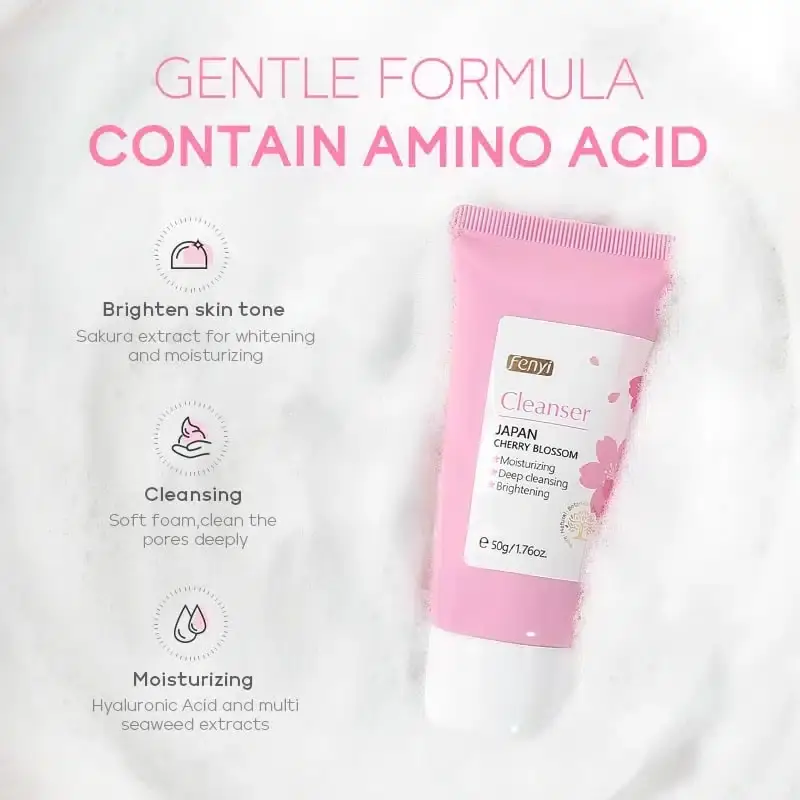 Fenyi Cherry Blossom Cleanser 50gm tube angled, showcasing detailed product information and ingredients list. - thumbnail