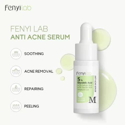 Fenyi Lab Mandelic 5% Acid serum in clear glass dropper bottle with silver cap on white background.