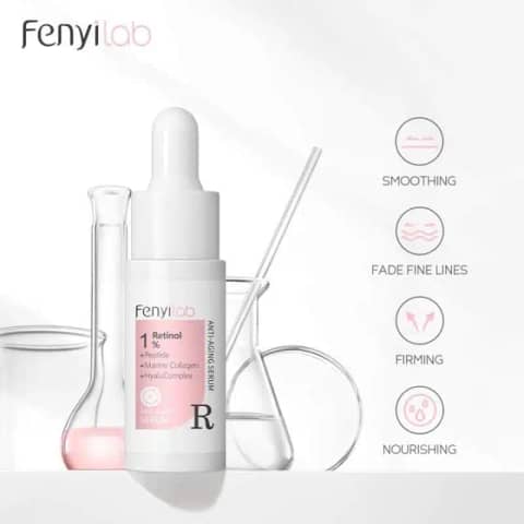 Upright Fenyi Lab Retinol 1% Serum 17ml bottle, clear glass, white dropper cap, golden liquid.