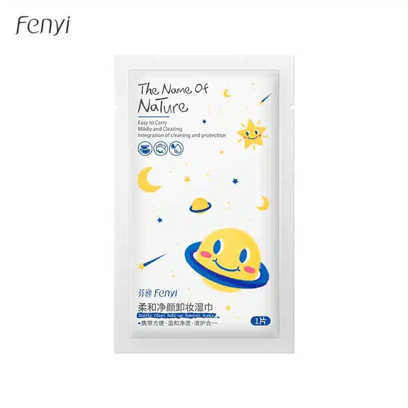 Fenyi Makeup Remover Wipes soft pack in white and turquoise, featuring brand name and usage illustration. - thumbnail