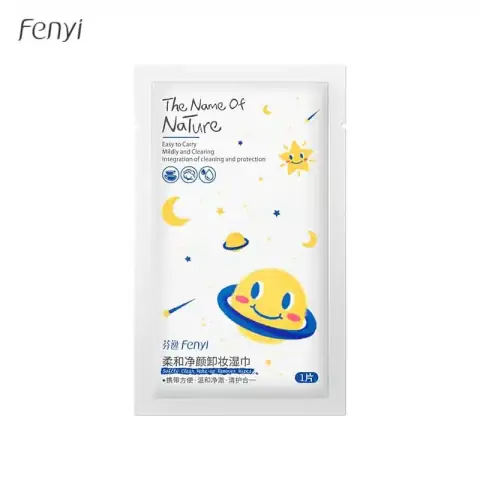 Fenyi Makeup Remover Wipes soft pack in white and turquoise, featuring brand name and usage illustration.
