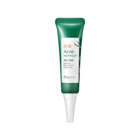 Fenyi Tea Tree Acne Repairing Gel green tube with leafy design and matching retail box, front view.