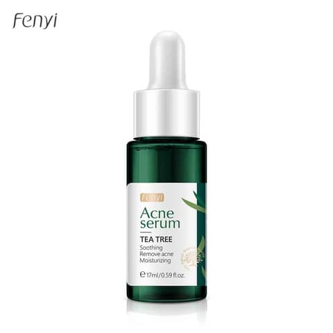 Clear green Fenyi Tea Tree Anti-acne Serum 17ml bottle with dropper cap and visible white label.