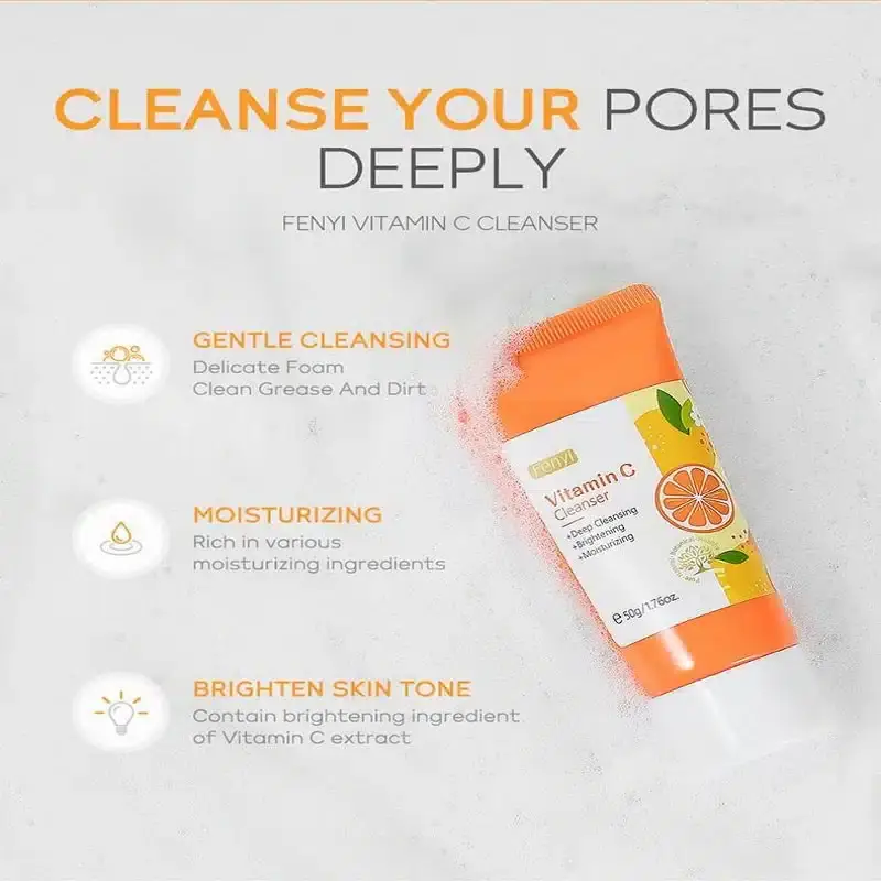 Fenyi Vitamin C Cleanser 50gm tube displayed at angle, revealing the white creamy cleanser texture swatch. - thumbnail