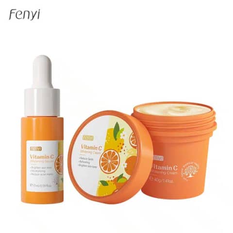Fenyi Vitamin C Serum dropper bottle and matching cream jar, displaying full product packaging.