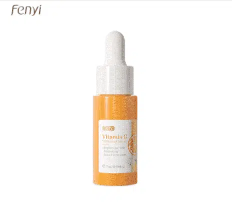 Fenyi Vitamin C Whitening Serum in a small clear glass bottle with an orange dropper, showing yellow liquid. - thumbnail