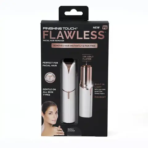 Flawless Facial Hair Remover in elegant rose gold, compact and capped, standing upright.