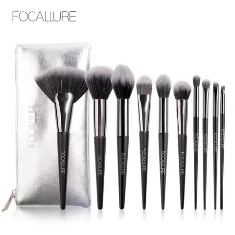 Complete Focallure 10-piece makeup brush set showcasing soft bristles, rose gold ferrules, and white handles.