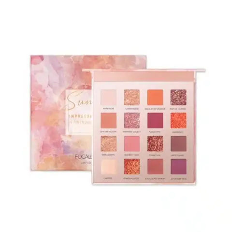 Focallure Sunrise 16-color eyeshadow palette with elegant golden-pink gradient lid on white background.