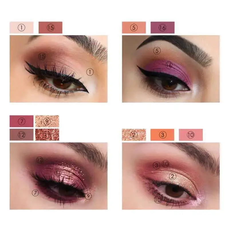 Open Focallure Sunrise eyeshadow palette revealing 16 warm, shimmery, and matte color shades. - thumbnail