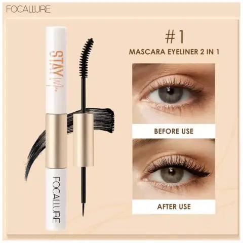 Focallure 2-in-1 waterproof black eyeliner and mascara in sleek gold and black packaging.