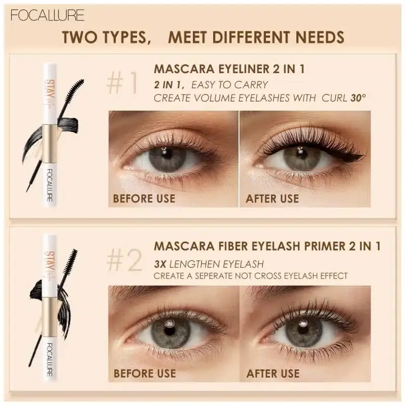 Focallure 2-in-1 eyeliner and mascara open, revealing both black applicators clearly. - thumbnail