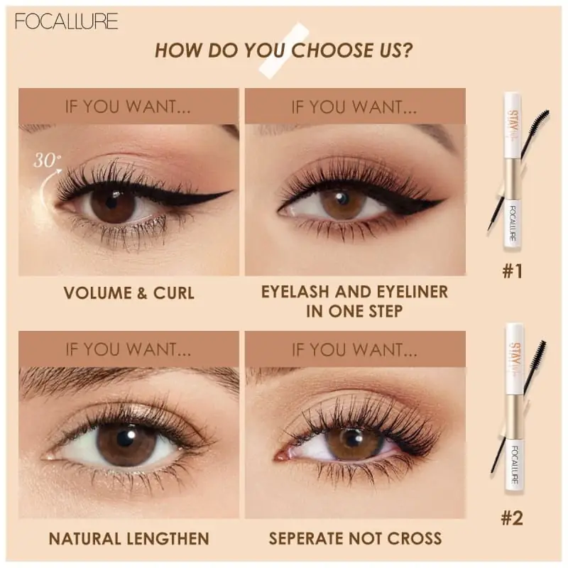Focallure 2-in-1 waterproof eyeliner and mascara held in hand, showing product size. - thumbnail