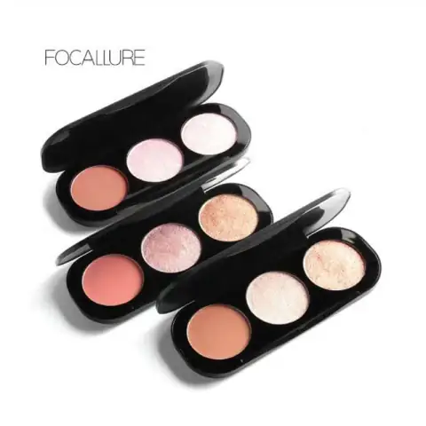 Focallure Blush and Highlighter Palette in a sleek black closed case, angled front view.