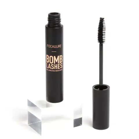 Focallure Bomb Lashes Mascara black tube with silver logo, showcasing its unique curved applicator brush.