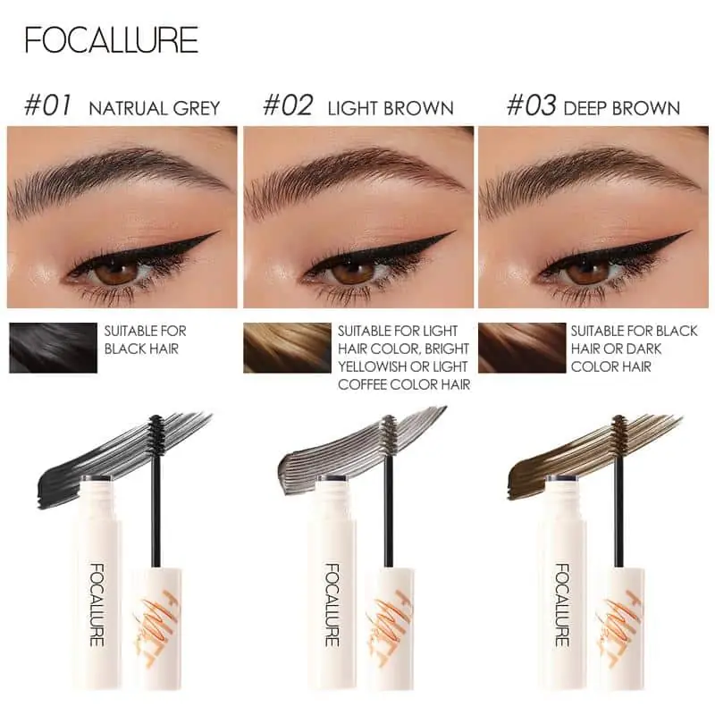 Focallure FLUFFMAX Brow Mascara applicator applying clear gel to a natural eyebrow. - thumbnail