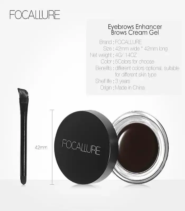 Closed Focallure Brows Gel Cream Fa23 jar with its dark applicator brush lying beside it. - thumbnail