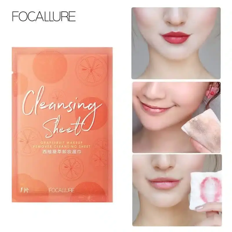 Three Focallure cleansing sheet makeup remover packets stacked diagonally, showcasing blue packaging design. - thumbnail