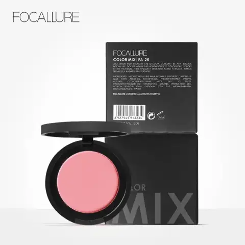 Focallure Color Mix Blush FA25 showcasing swirled pink, peach, and coral pressed powder in compact.