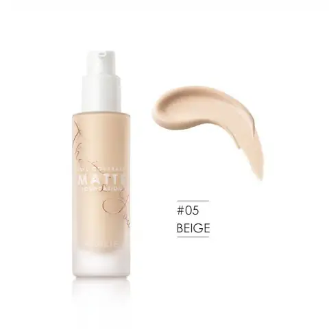 Focallure Covermax Max Full Coverage Foundation 05 BEIGE glass bottle, black pump, clear cap.