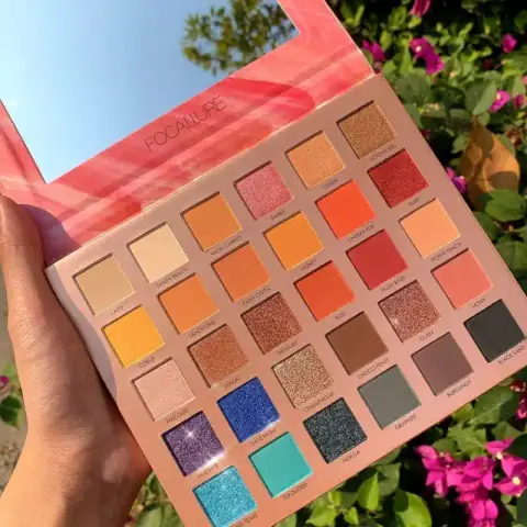 Open Focallure Endless Possibilities eye-shadow palette displaying nine colorful shimmery and matte shades.