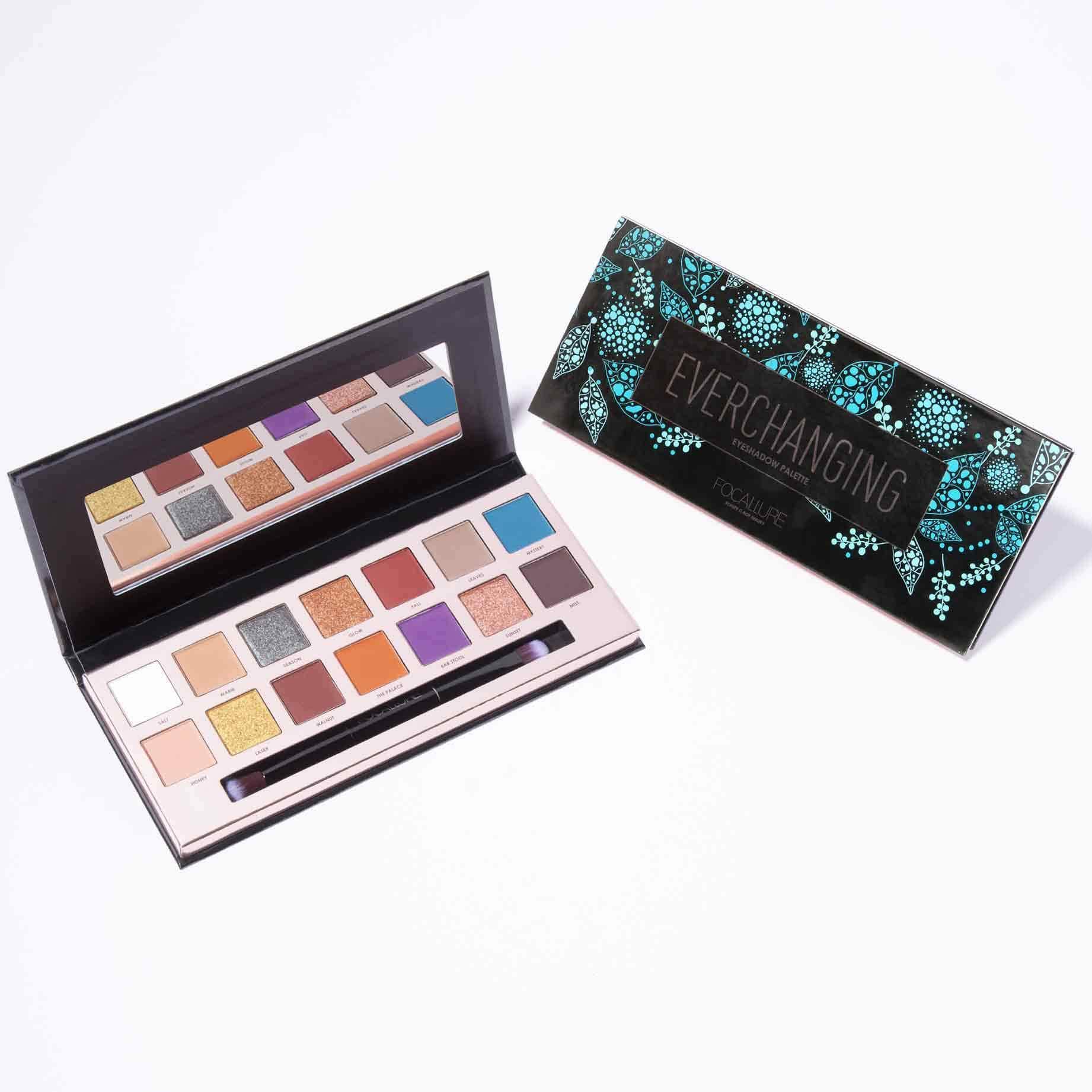 Focallure Everchanging Eyeshadow Palette open, revealing 12 vibrant, multi-finish shades in sleek pink packaging. - thumbnail