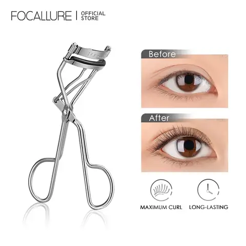 Focallure rose gold metallic eyelash curler, featuring comfortable black silicone pads, displayed clearly.